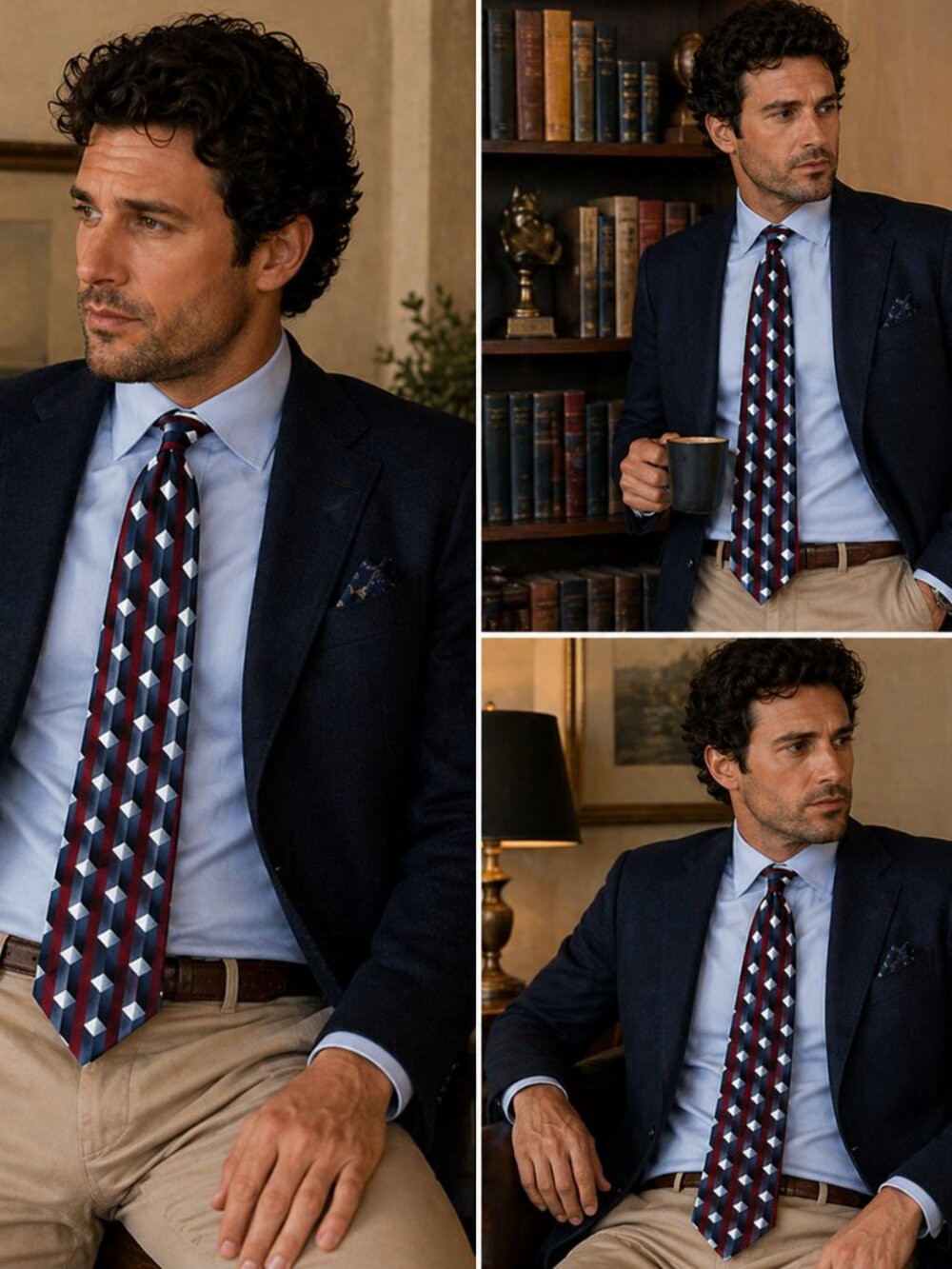 Ziggurat Geometric Silk Tie – Retro Graphic Pattern Red Blue Black Necktie